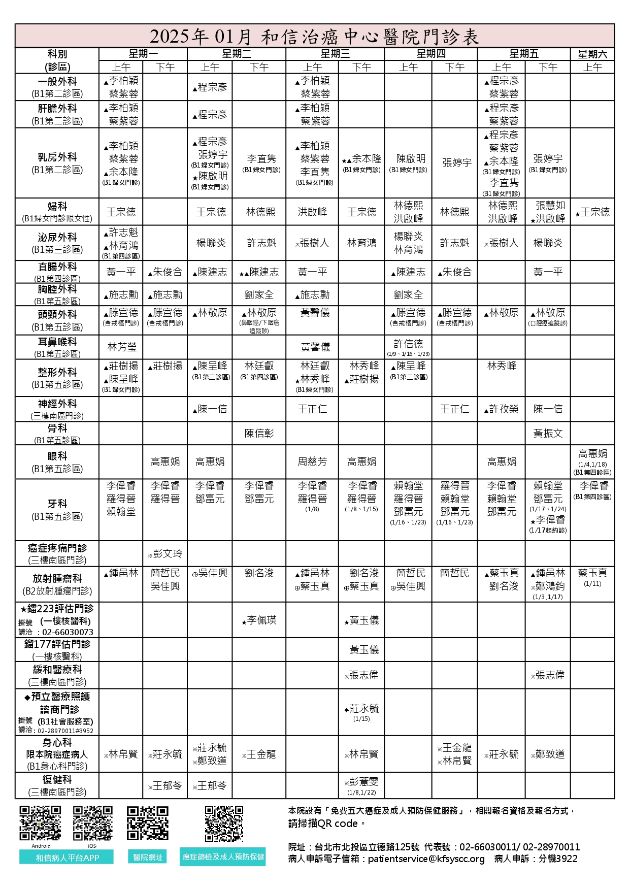 2025年1月門診時間表-2